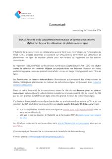 Communiqué du 15 octobre 2024 - Plateforme de plainte pour non respect du DSA