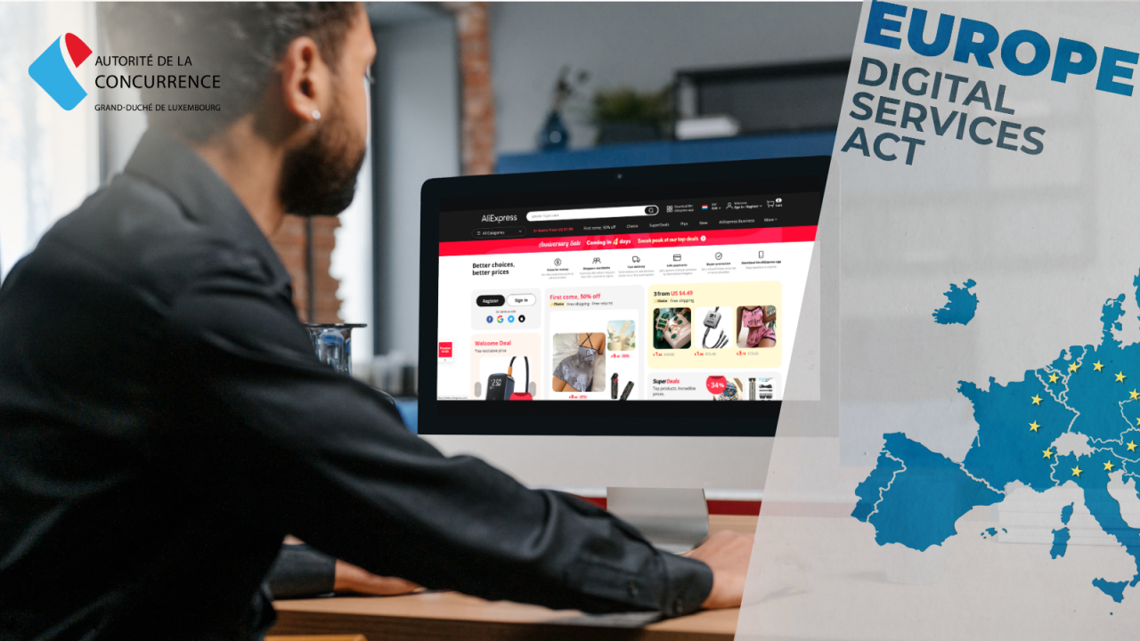 Homme consultant le site de Aliexpress, à droite, carte de l'Europe avec inscription "Digital Services Act"
