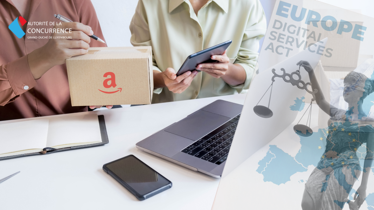 Paquet Amazon, ordinateur et, à droite, sigle DSA avec statuette de la justice