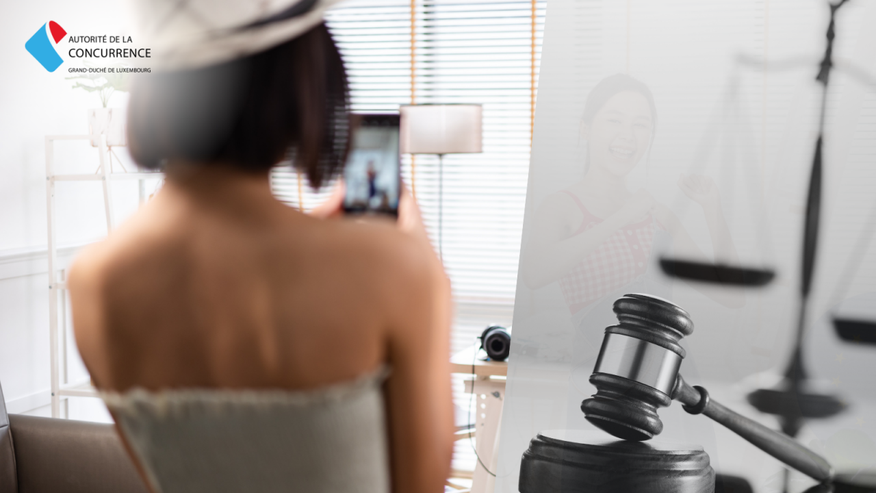 Femme sur TikTok et marteau de juge à droite
